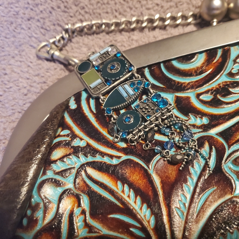 NWT PATRICIA NASH Mia Turquoise Tooled Leather Crossbody Bag w/ Chain Straps - Picture 4 of 12